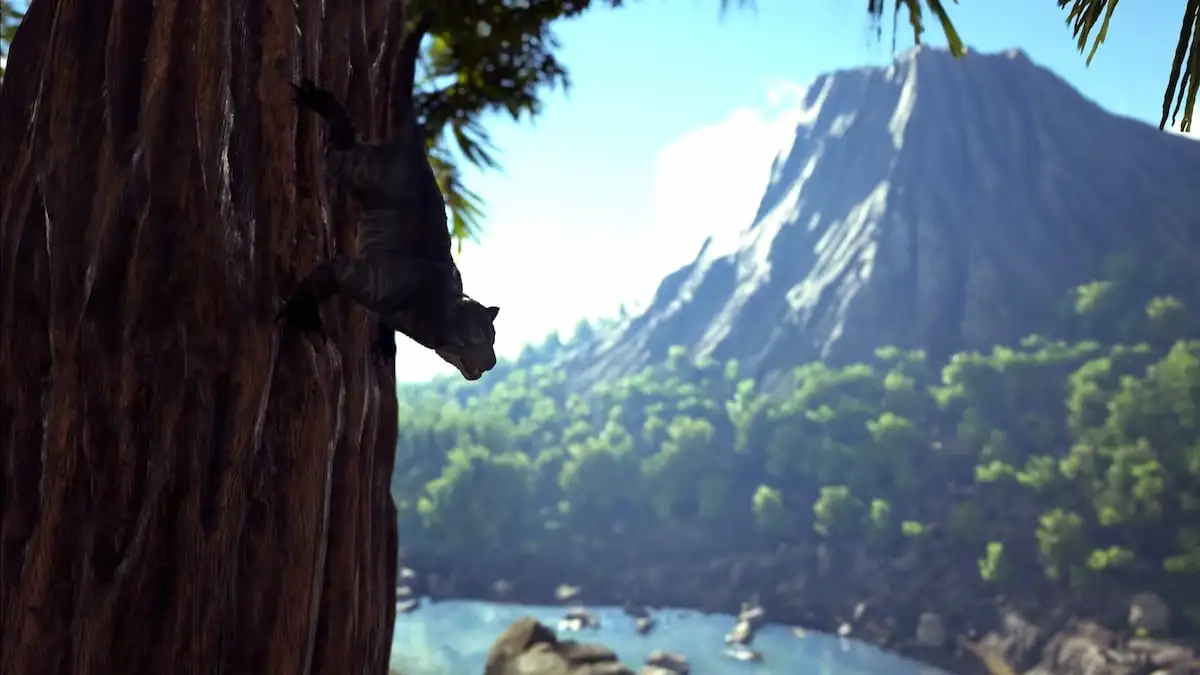 A Thylacoleo climbing down a massive tree in Ark: Survival Ascended.
