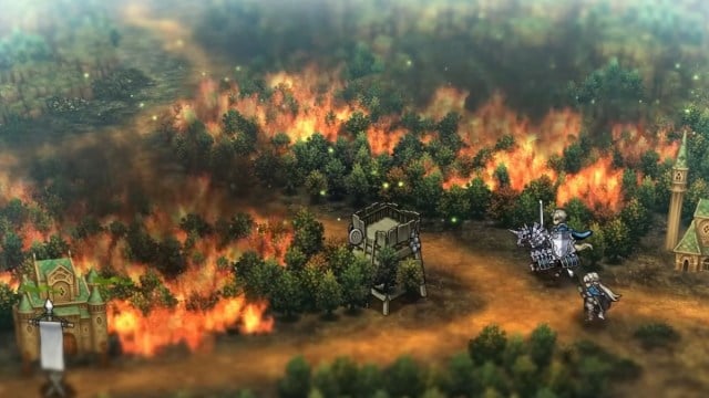 The Elheim Forest burns to the ground in front of Alain and Eltolinde in Unicorn Overlord.