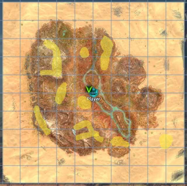 A map of Scorched Earth in Ark: Survival Ascended marking Sulfur locations.