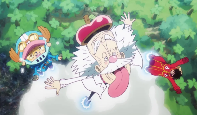 Vegapunk flies through the air with Chopper and Luffy in the One Piece anime.
