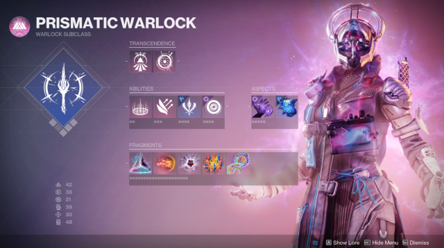 An image showing the subclass menu for Prismatic Warlocks in Destiny 2.