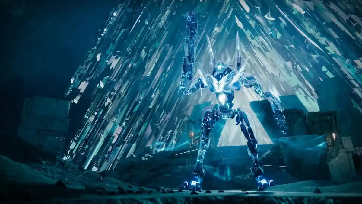 An image of a blue character holding up a gun in Destiny 2