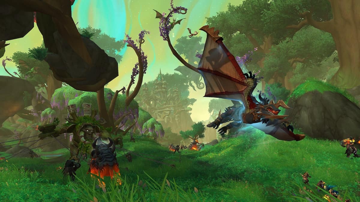 WoW character Dragonriding in the Emerald Dream