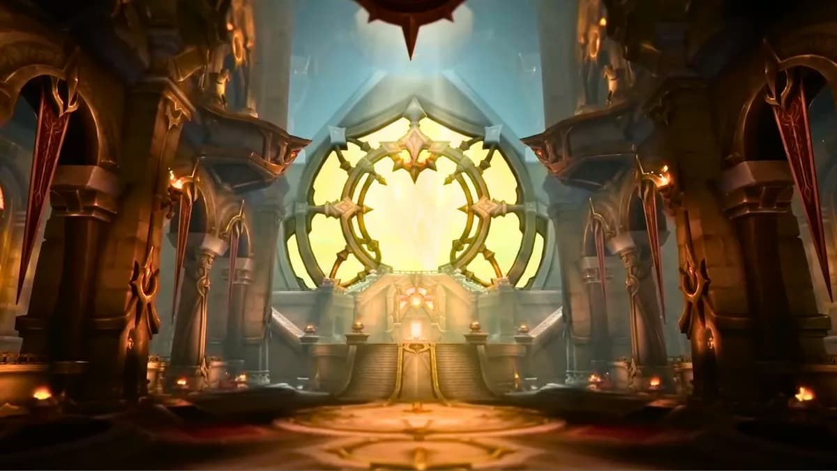 Glass feature in a cathedral-looking room in WoW The War Within