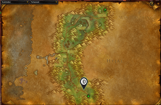 Map of Felwood, showing the exact location of Shadowtooth Emissary.