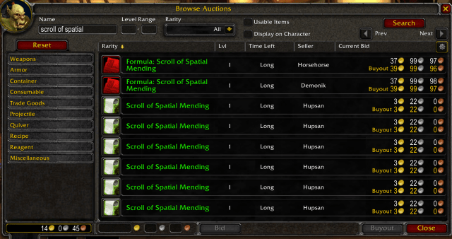 Scroll of Spatial Mending prices on auction house