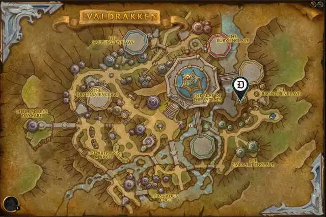 Map of Valdrakken, showing the exact location of the Parting Glass vendors