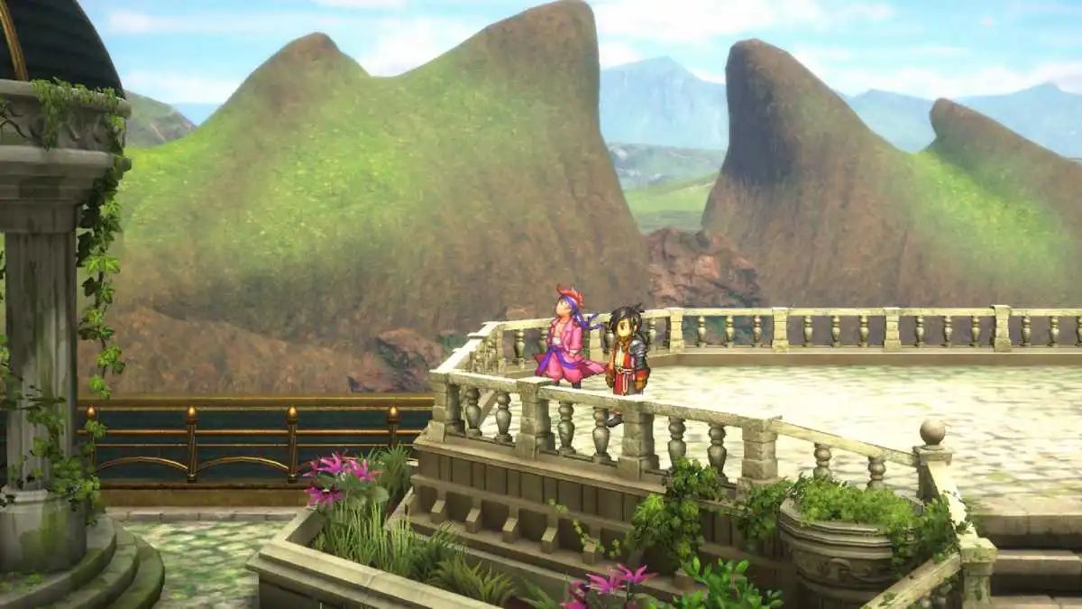 Yosuke and Nowa on the roof of a castle.