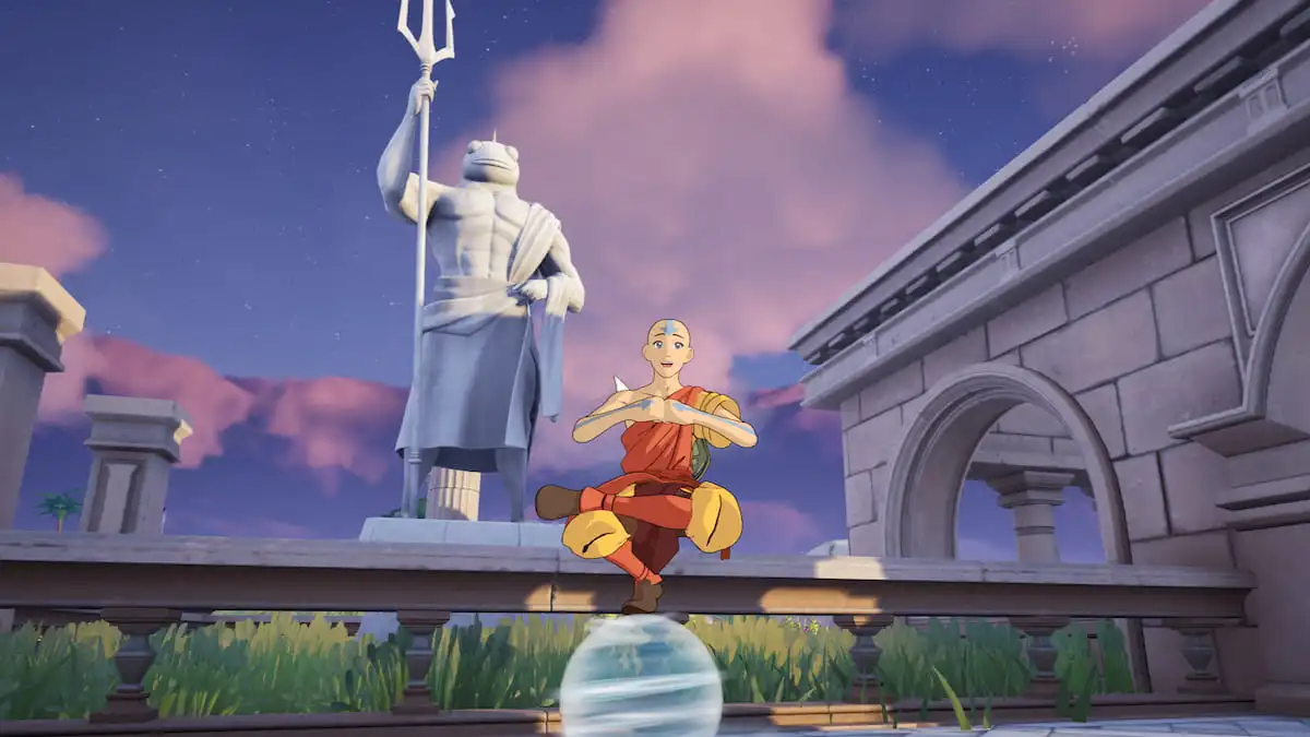 Aang on an Airbending ball in front of Coastal Columns in Fortnite.