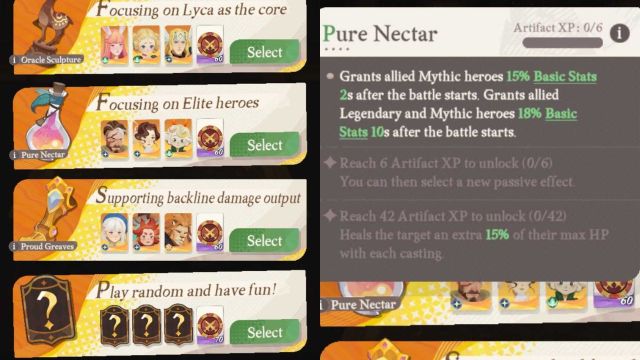A split screen image showing the combo selection screen on the left and an artifact description on the right.