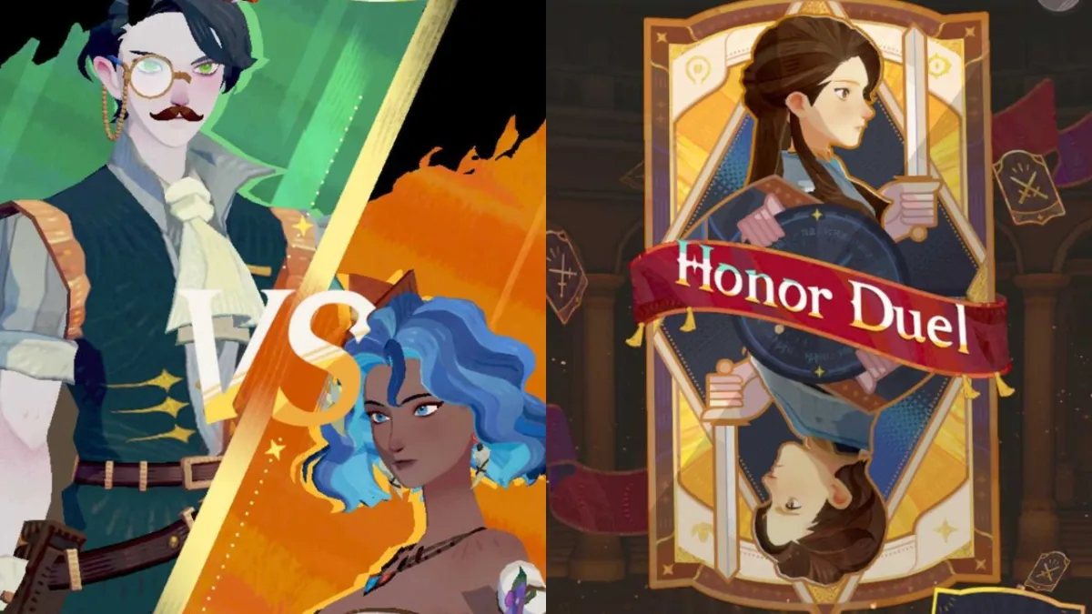 A split screen image showing the Honor Duel versus screen on the left and its keyart on the right.