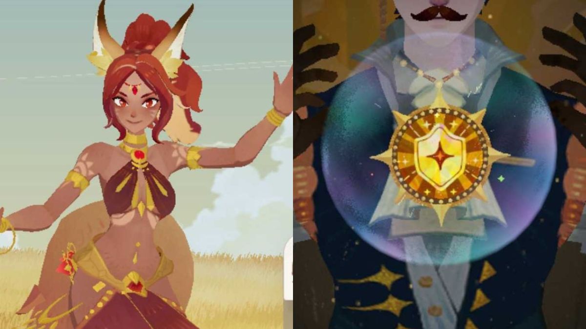Split screen image showing Satrana on the left and the Ironwall Spell Artifact on the right.