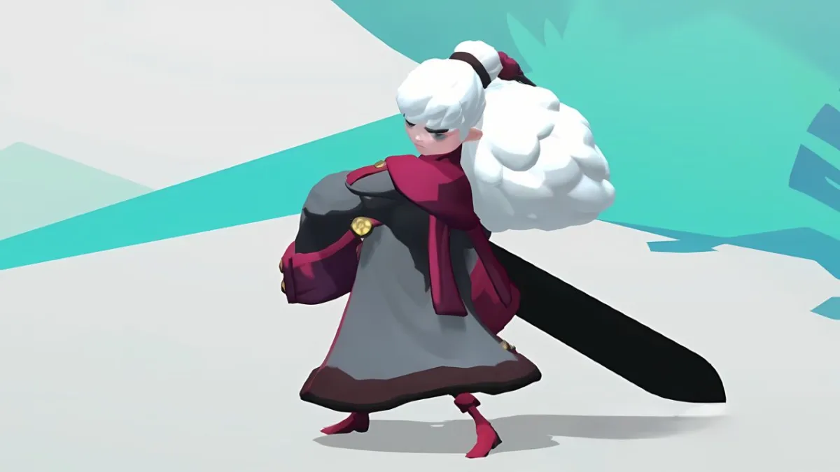 Aisling in Gigantic with white hair and a red and gray cloak, holding a giant sword