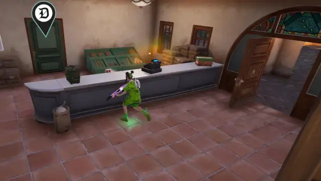 The player running near the counter and marked door in Fortnite.