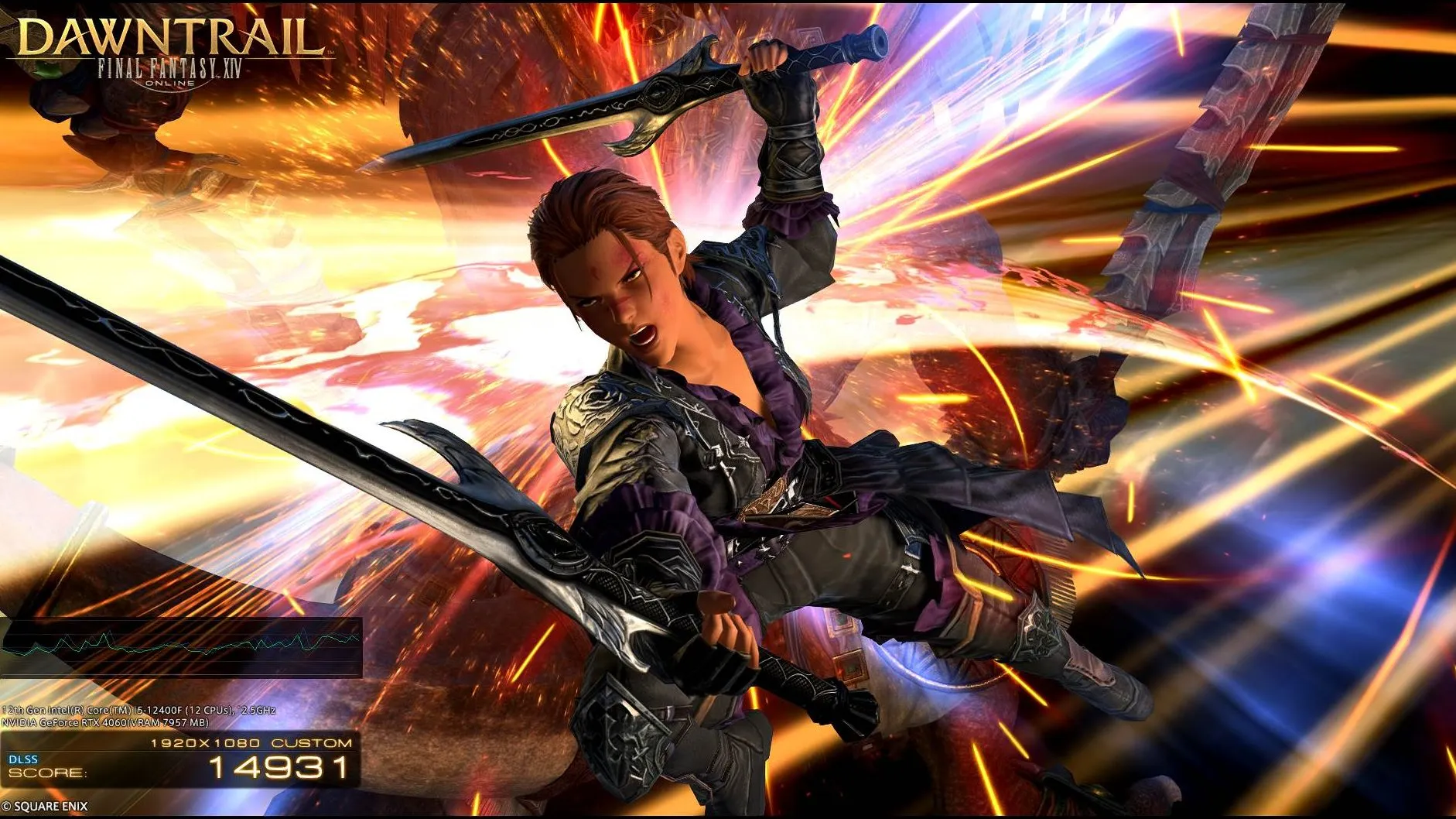 A Final Fantasy character surrounded by sparks swings dual swords.