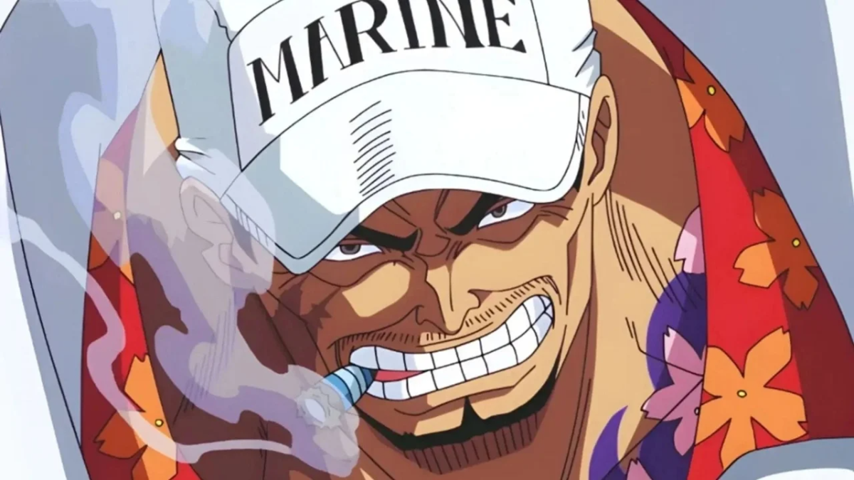 Sakazuki from One Piece smokes a huge cigar while smirking