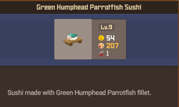 Green Humphead Parrotfish sushi details page in Dave the Diver