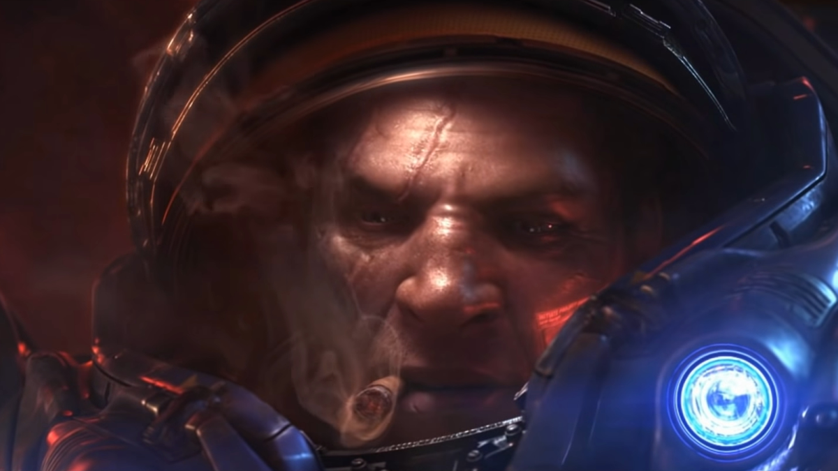 A space marine in Starcraft II looks down while smoking a huge cigar in power armour