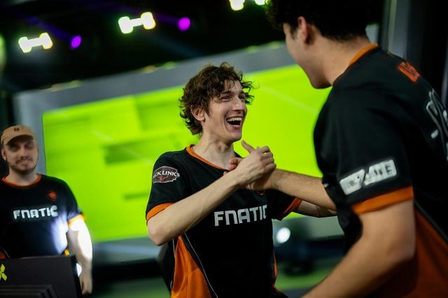 Fnatic's Boaster celebrates with teammates on stage at the VCT EMEA 2024 stage one group stage.