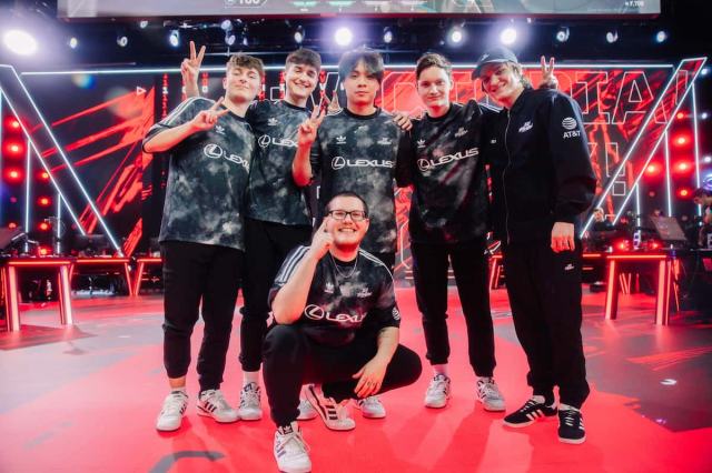 100 Thieves VALORANT roster posing on stage after a VCT Americas 2024 stage one victory over Cloud9.