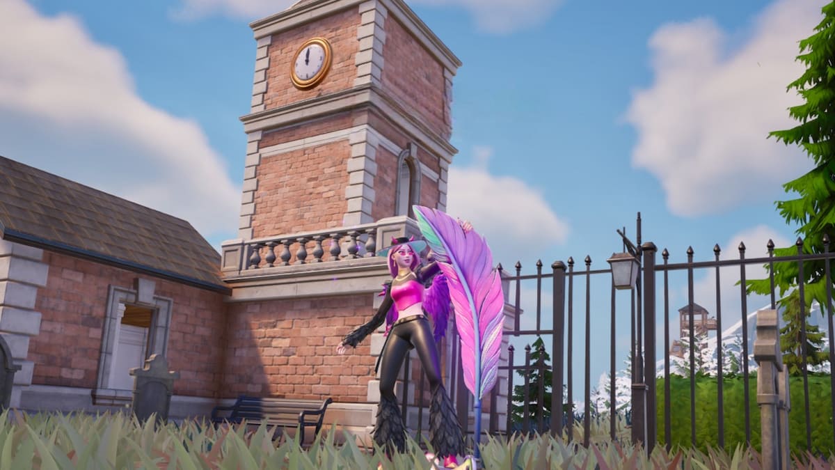 The player floating on a feather in front of the Cemetery Landmark in Fortnite.