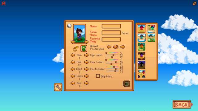 The character creator in Stardew Valley.