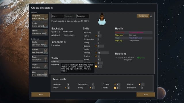 character screen with health conditions and traits in rimworld
