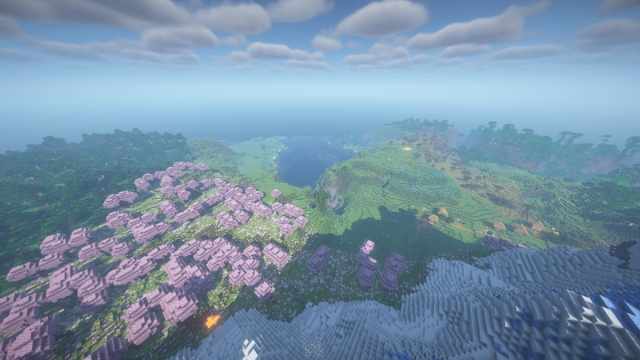 The spawn point for seed 1063292310985219505 in Minecraft featuring cherry blossoms and a village.