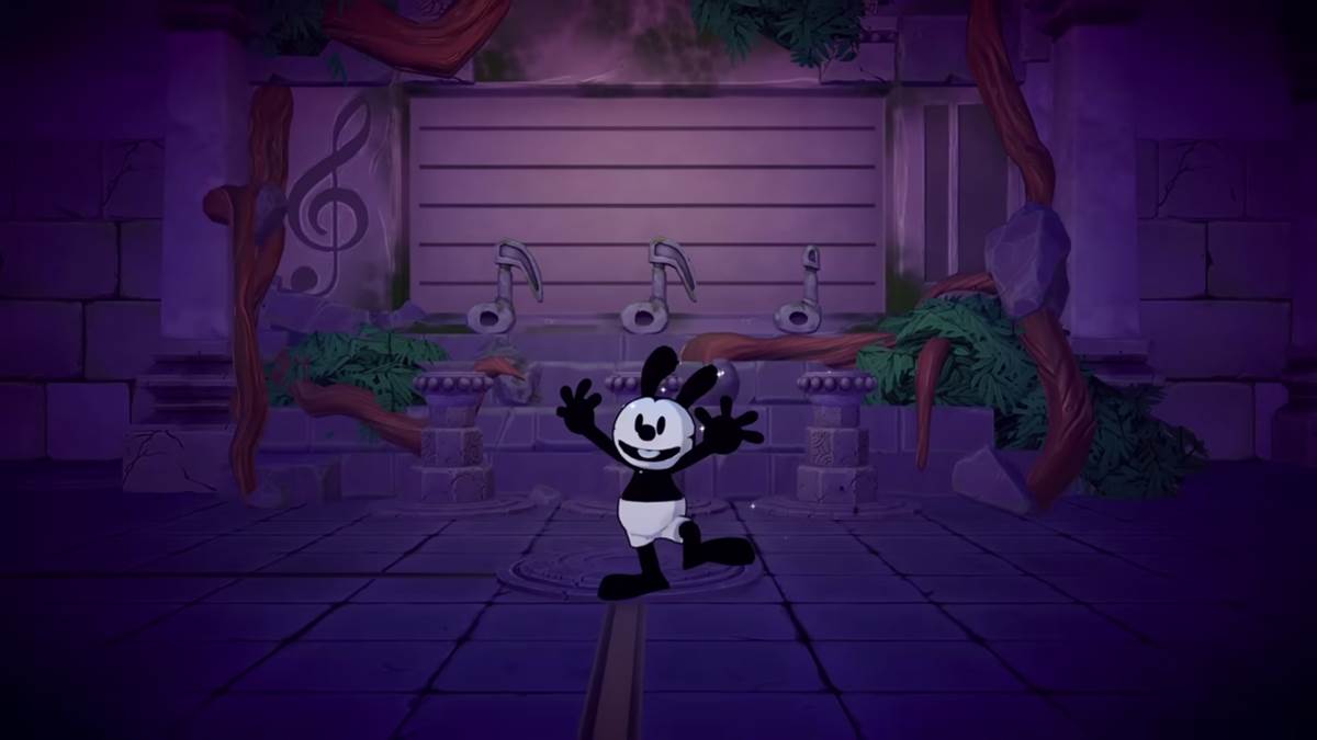 Oswald the Lucky Rabbit is waving in Disney Dreamlight Valley