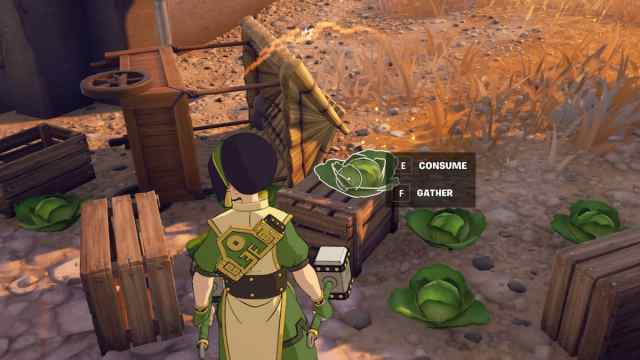 Toph looking at a broken Cabbage Cart with some Cabbages in Fortnite.