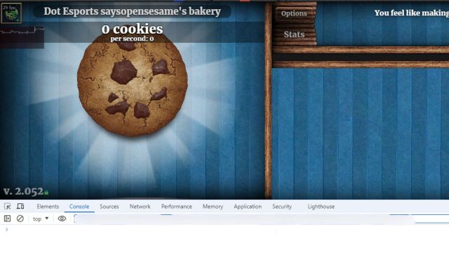 The Cookie Clicker console interface on a browser.