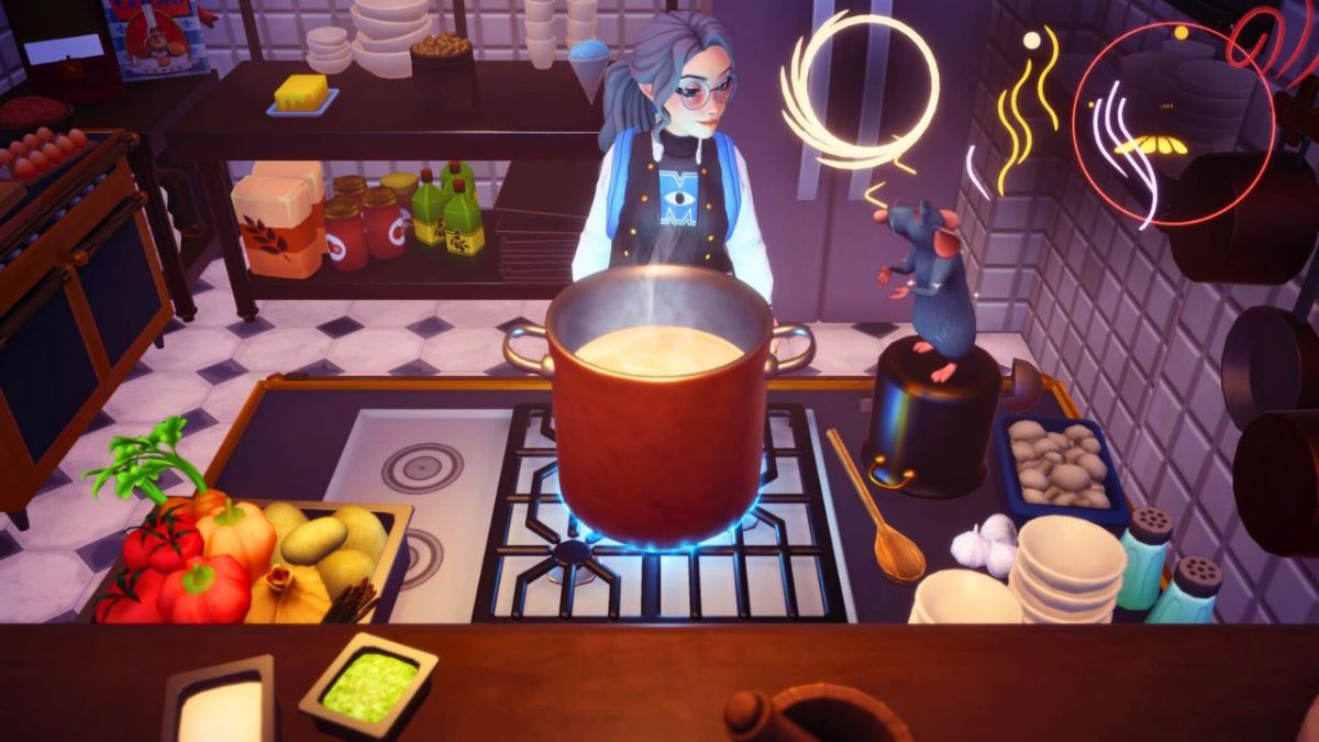 character cooking with remy in his kitchen in disney dreamlight valley