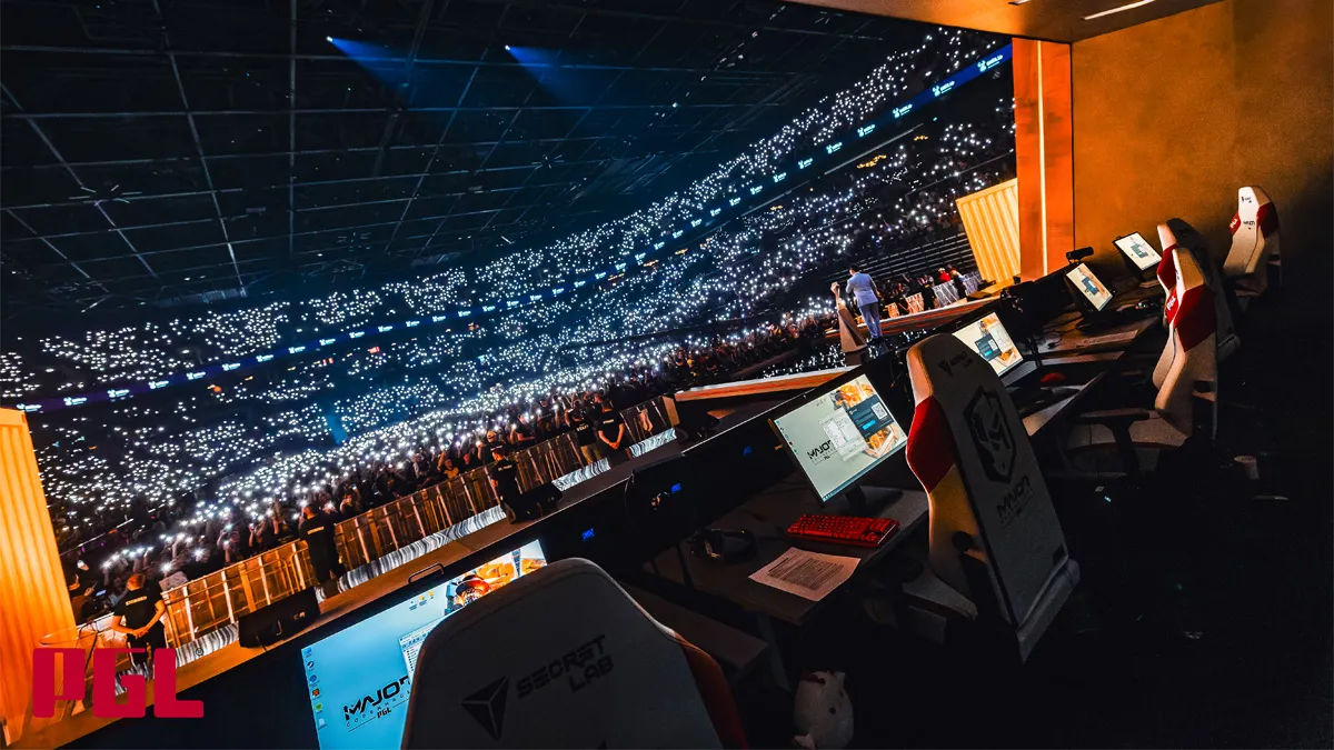 The player booth at the PGL Copenhagen Major 2024 staring out into the crowd at the Royal Arena.