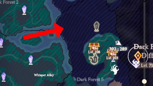 arrow pointing to unexplored area of dark forest 5 the island