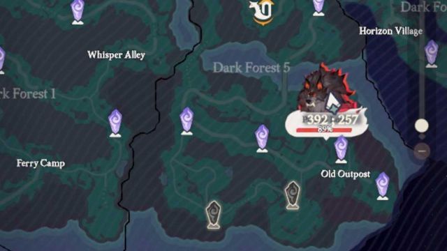 The AFK Journey Dark Forest map showing a big indicator of the Lone Gaze location.