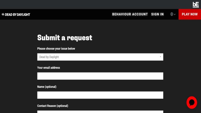 The Dead by Daylight  "Submit a request" page.