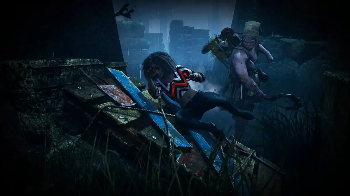 A survivor escaping from a killer in Dead by Daylight.