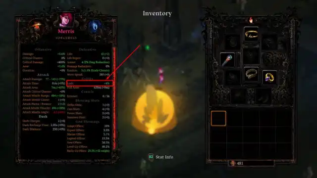 The inventory menu with the character stats and the Luck stat highlitghted in Death Must Die.