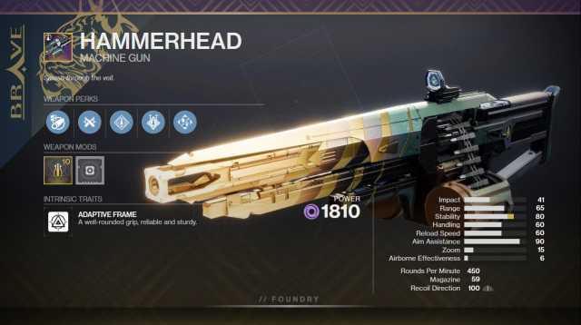 A graphic depicting Hammerhead with the Rampage and Onslaught perks equipped.