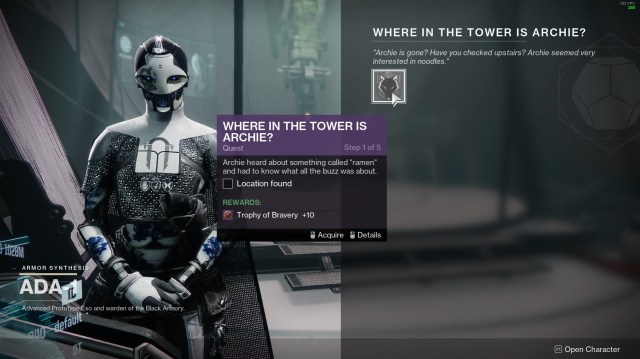 Ada-1 hands you the Where in the Tower is Archie? quest in Destiny 2.