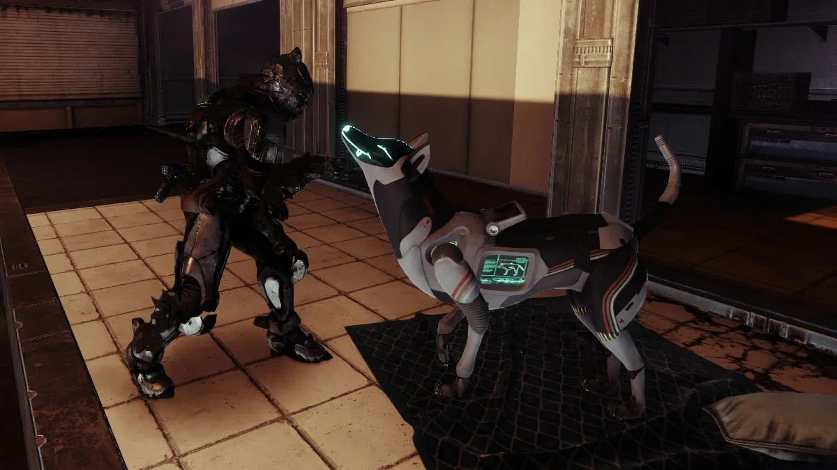 A guardian pets Archie the Exo dog in Destiny 2.