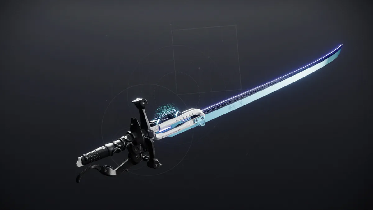 The Bequest sword from Destiny 2, with a blue and white blade.