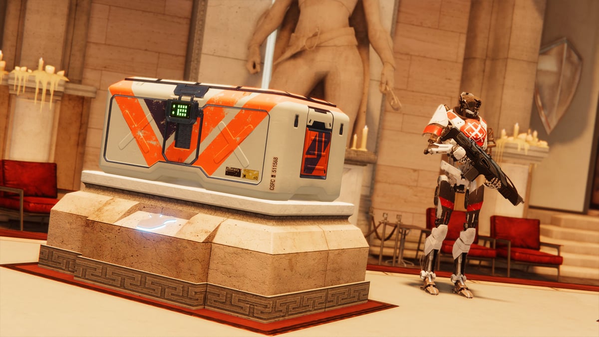 A chest from Destiny 2 sits on a plinth in the Hall of Champions.
