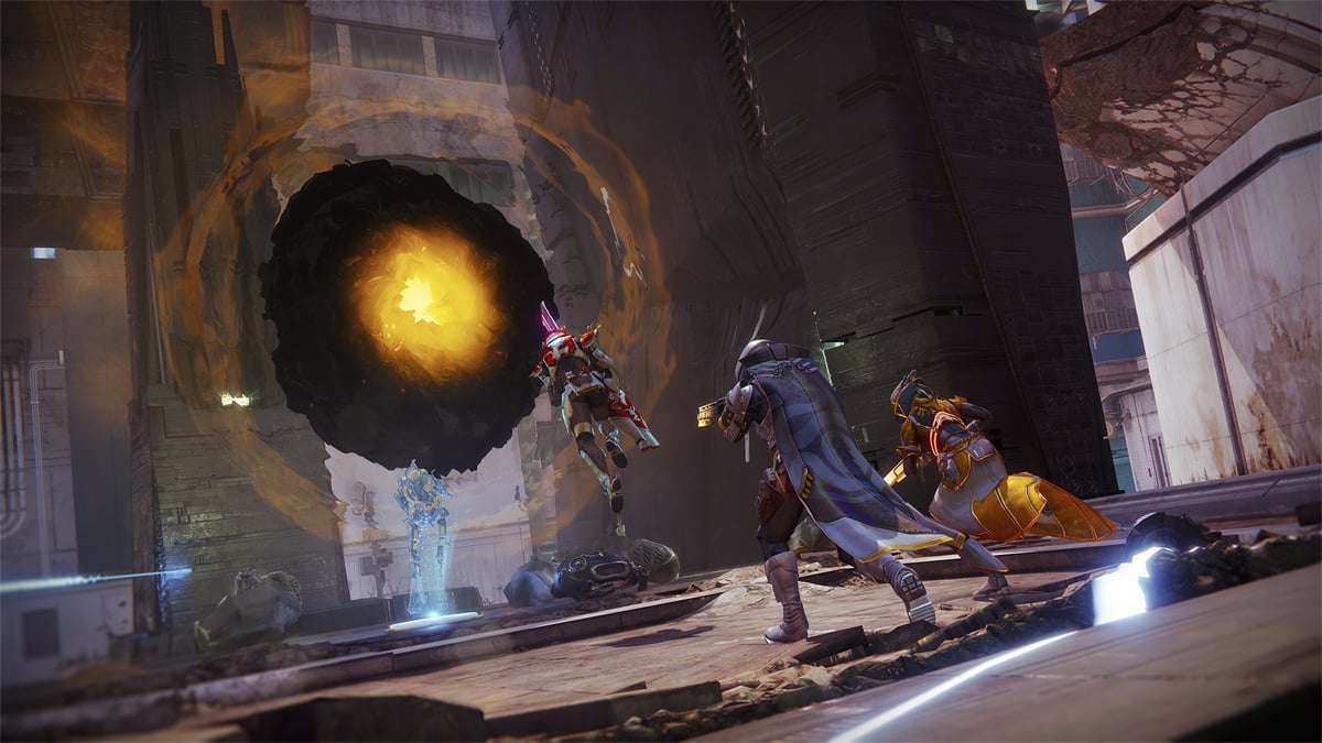 Three guardians leap at a portal in Destiny 2's Onslaught activity.