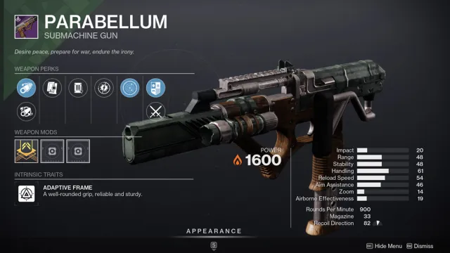 A screenshot of the Parabellum, a submachine gun in Destiny 2, with some stats shown.