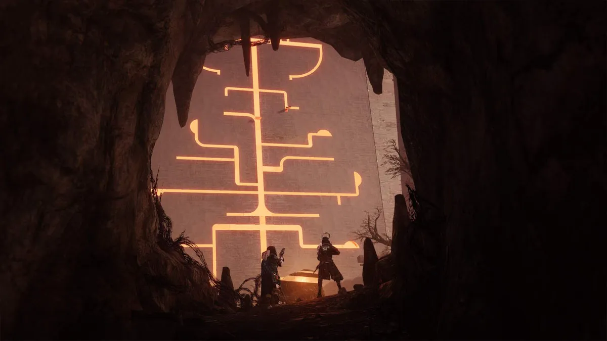 Three guardians stand in a tunnel staring at Darkness architecture in The Final Shape in Destiny 2.
