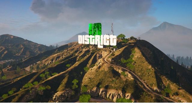 The District 10 logo on top of a mountain in GTA V.