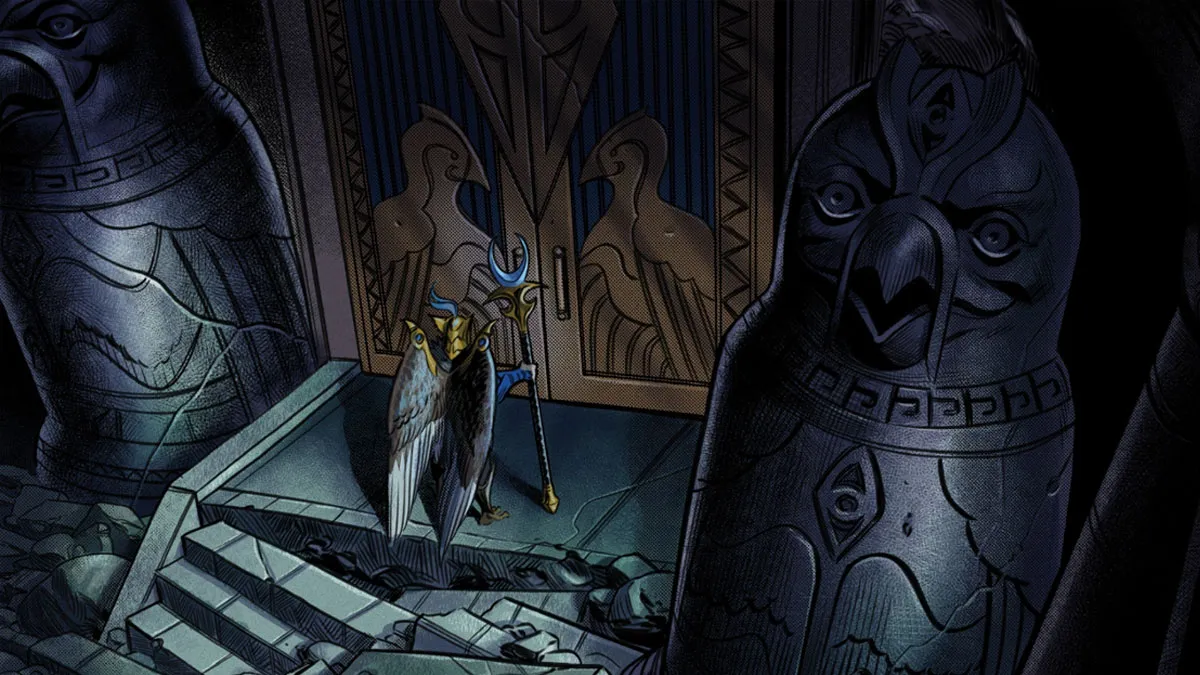 Skywrath Mage stands at a giant door next to an owl statue in a Dota 2 comic.