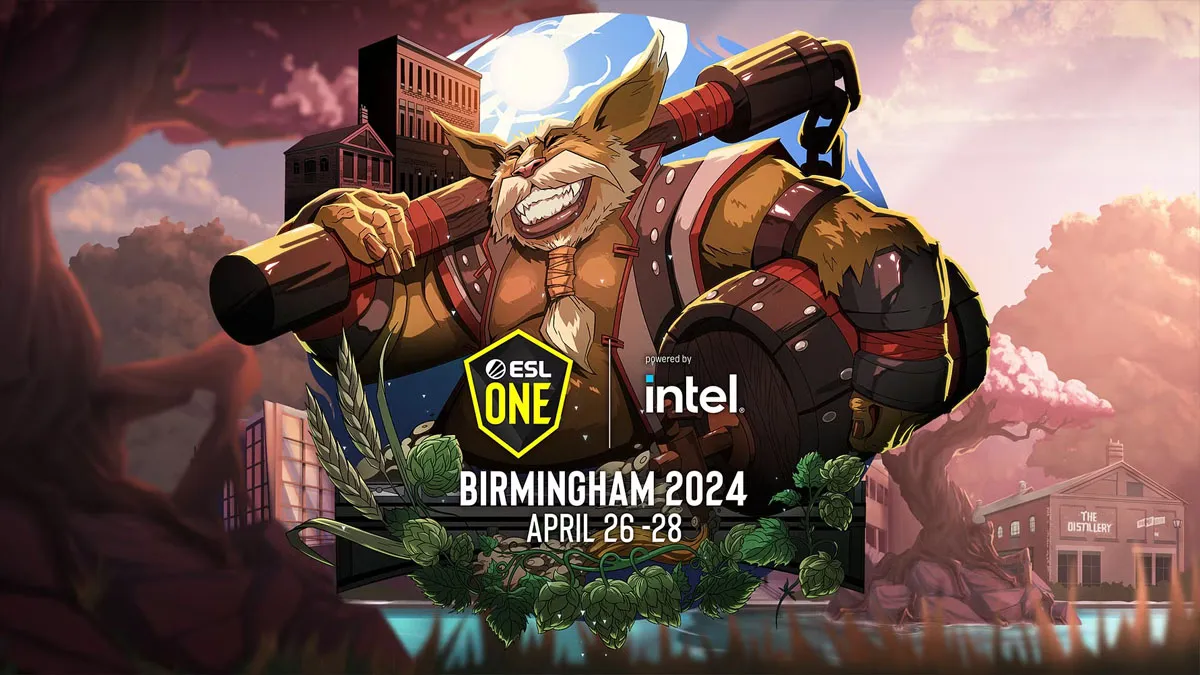 The ESL One Birmingham logo with Brewmaster holding a keg of beer in Dota 2.