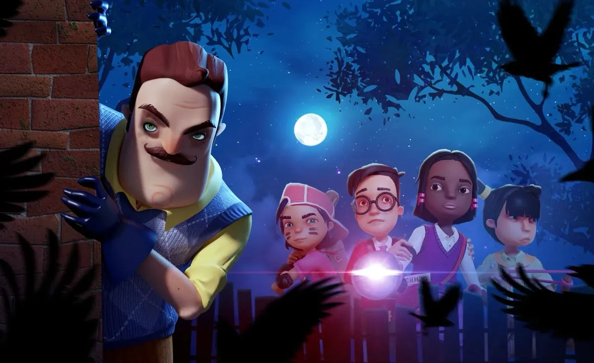 An image of Mr Peterson and the kids from Secret Neighbor.